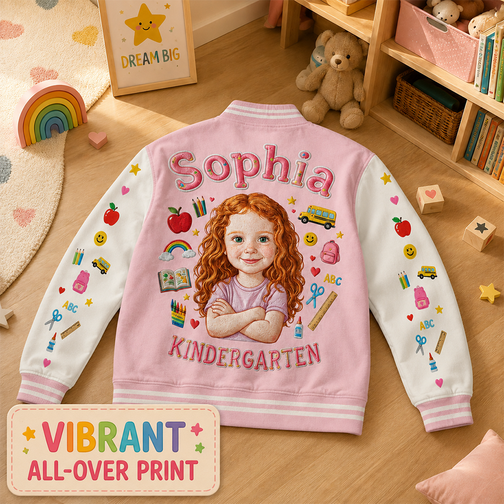 Personalized Pastel Pink Black Girl Back To School Varsity Jacket Custom Any Grade Kid Gift Outerwear