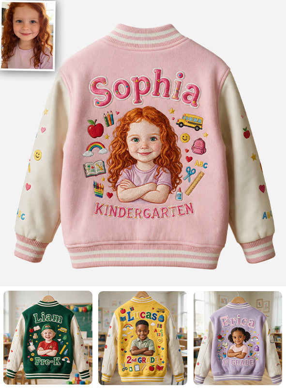 Custom Photo Latina Girl Pre-K Varsity Jacket Personalized Back To School Kid Gift Cute Pink Embroidered School Outerwear