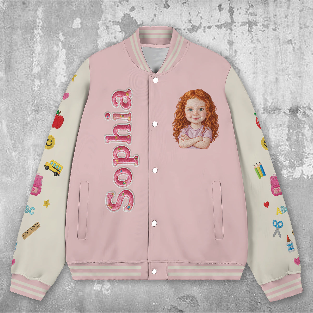 Personalized Little Girl Back To School Varsity Jacket Custom Photo Name Grade Kids Pre-K School Outfit Gift