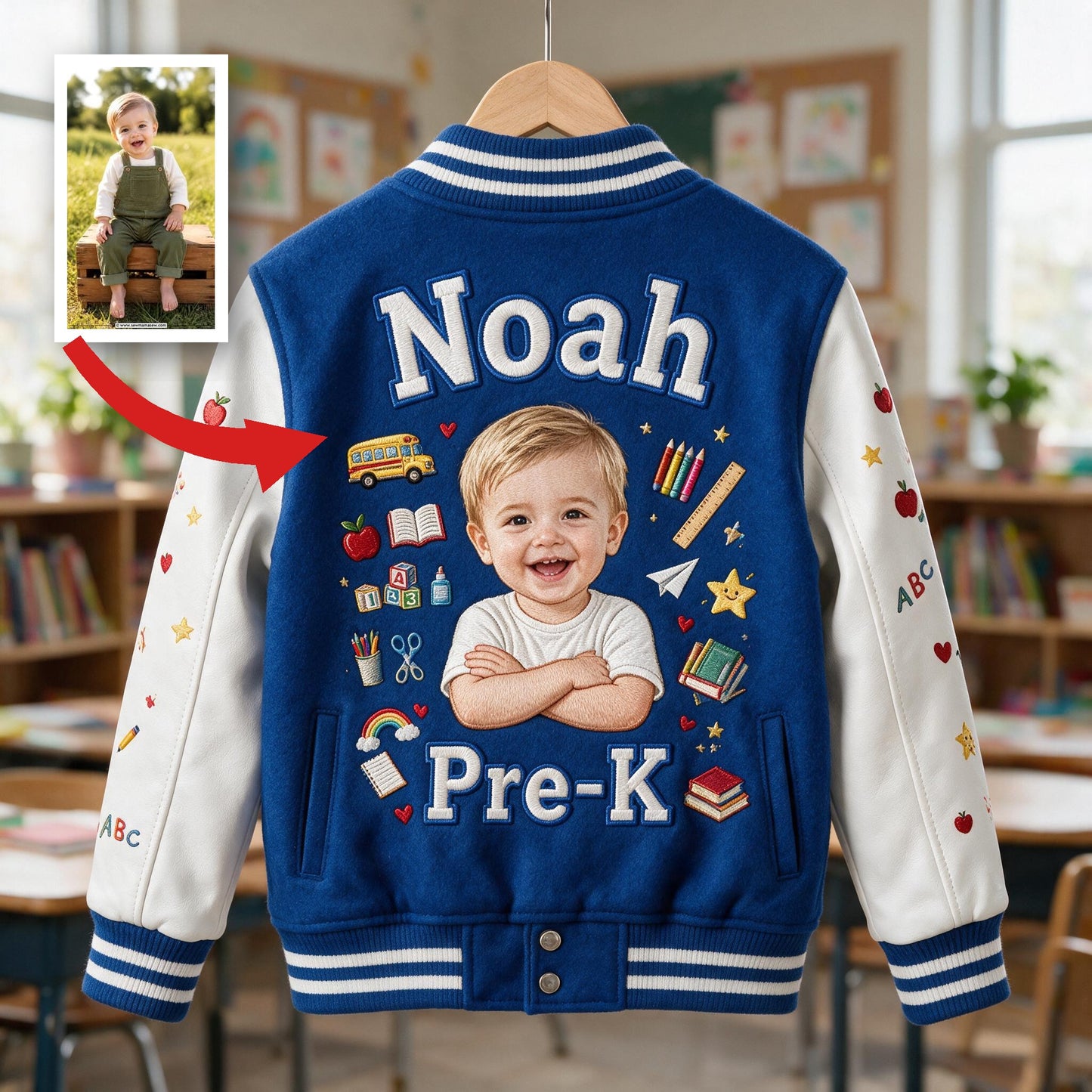 Personalized Little Boy Back To School Varsity Jacket Custom Photo, Name & Grade Embroidered Kids School Gift