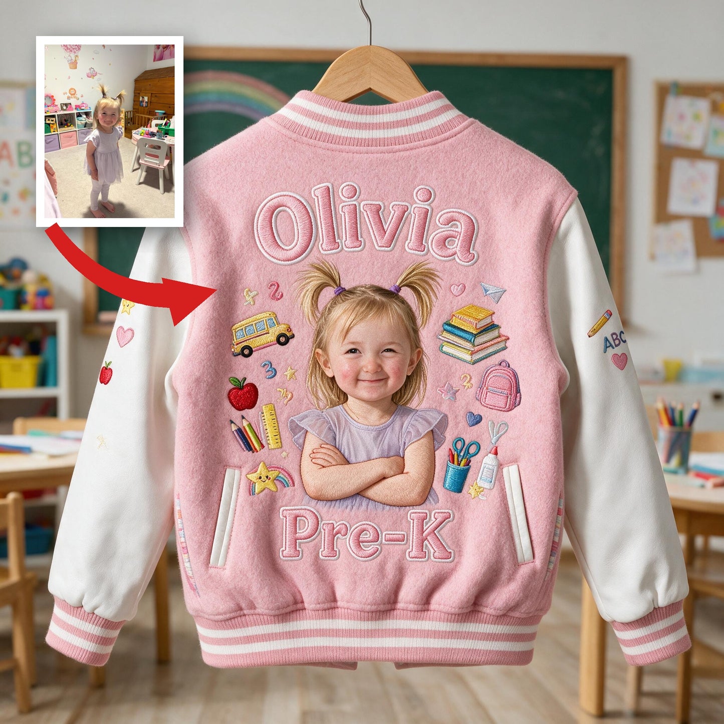 Personalized Little Girl Back To School Varsity Jacket Custom Photo Name Grade Kids Pre-K School Outfit Gift