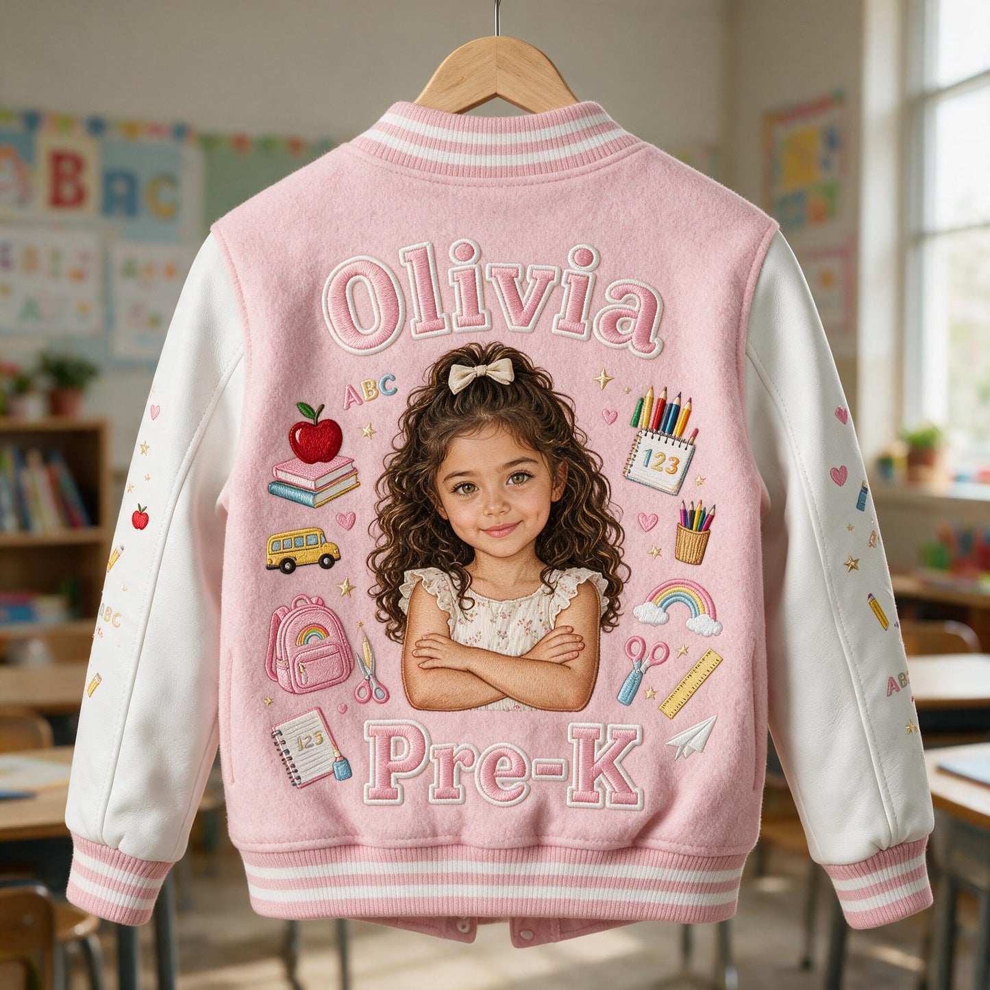 Custom Photo Latina Girl Pre-K Varsity Jacket Personalized Back To School Kid Gift Cute Pink Embroidered School Outerwear