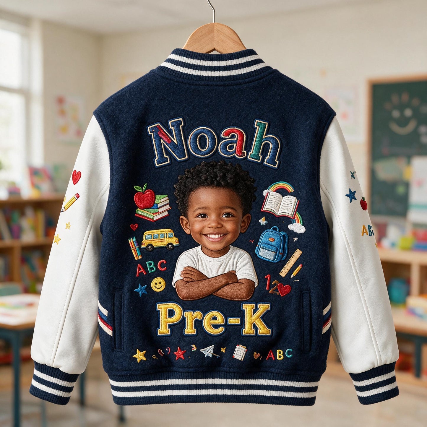 Personalisierte Little Black Boy Back To School Varsity Jacket mit Namen