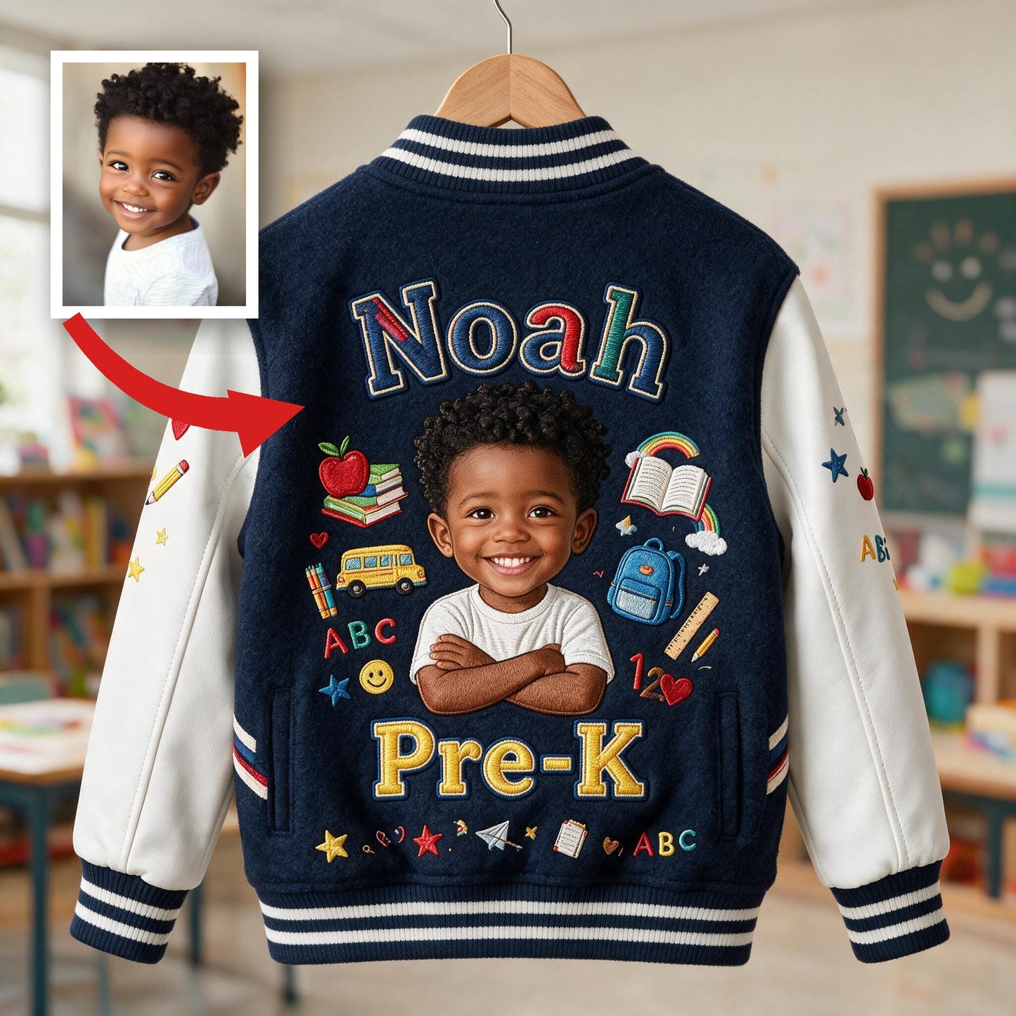 Personalisierte Little Black Boy Back To School Varsity Jacket mit Namen