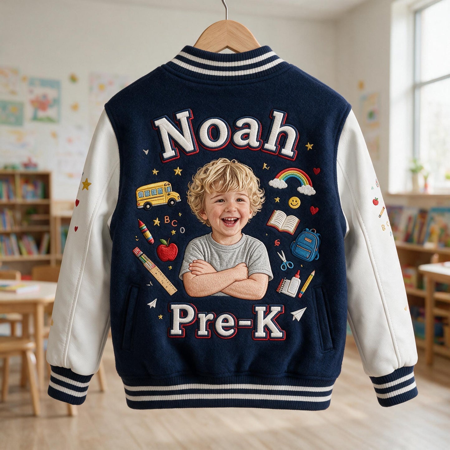 Personalisierte Varsity-Jacke für Jungen zur Einschulung mit Foto und Namen