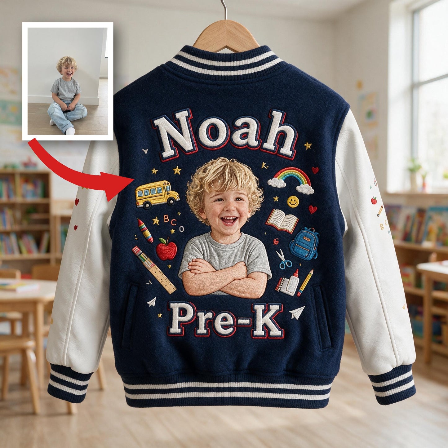 Personalisierte Varsity-Jacke für Jungen zur Einschulung mit Foto und Namen