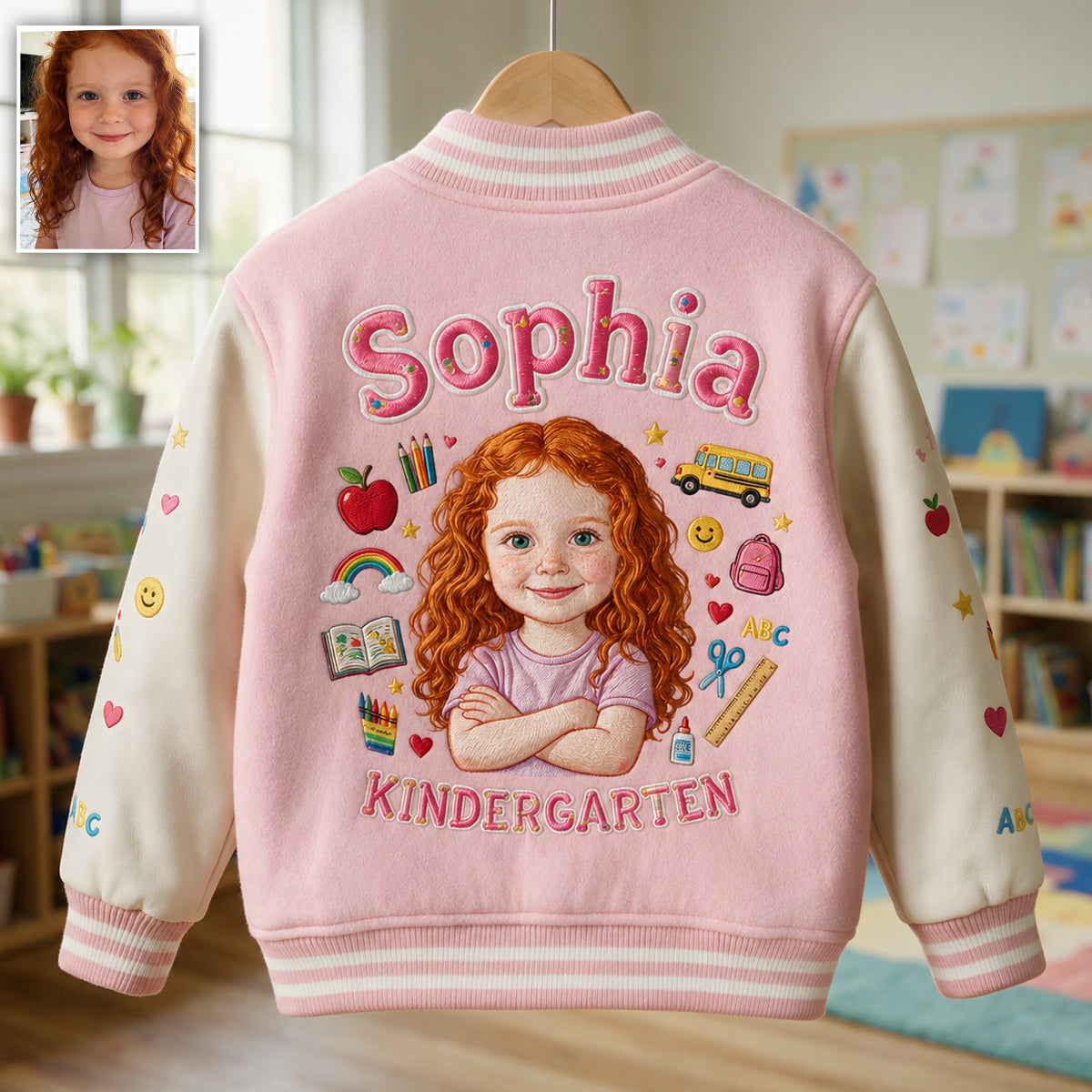 Personalisierte Varsity-Jacke für Jungen zur Einschulung mit Foto und Namen
