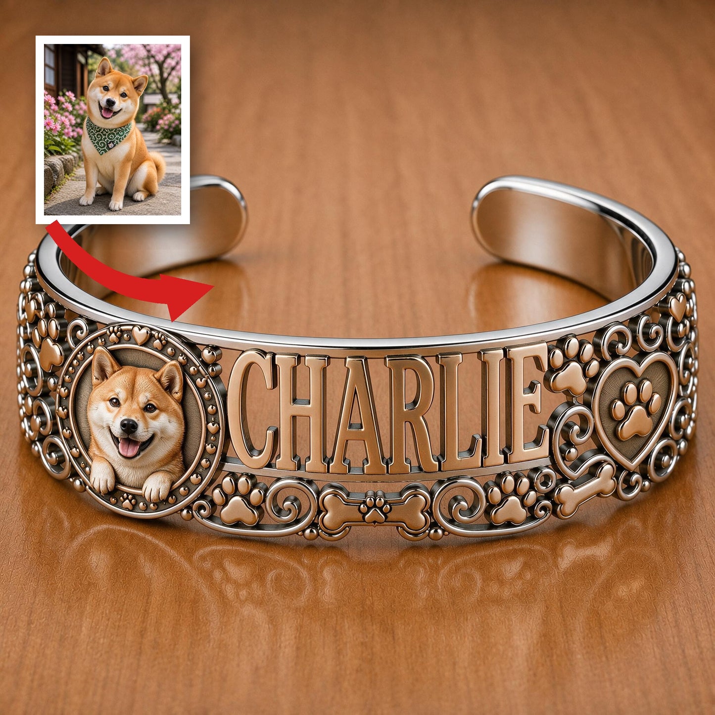Bracelet en Cuir Personnalisé Shiba Inu Tan Souriant - Cadeau Bijoux pour Amoureux de Shiba