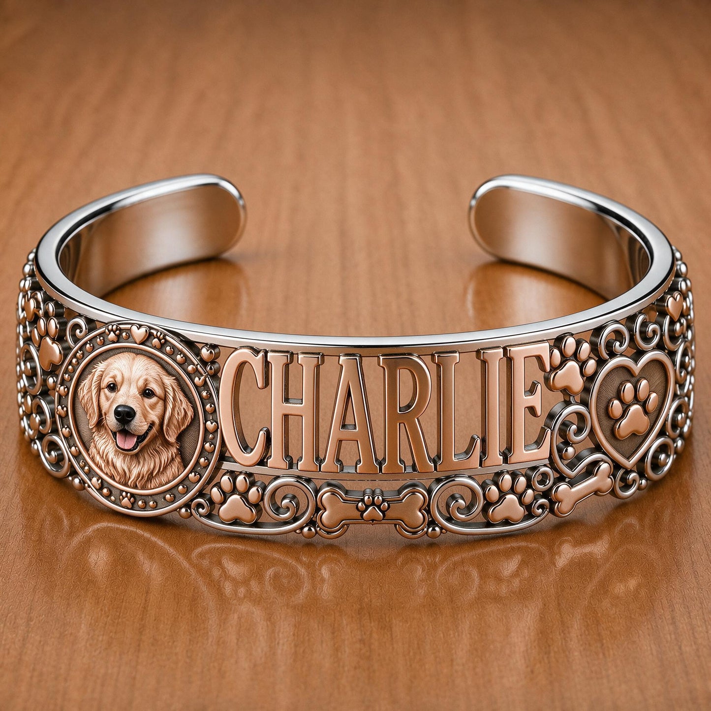 Personalized Golden Retriever Cuff Bracelet Custom Name Pet Jewelry Gift for Dog Lovers and Golden Retriever Owners