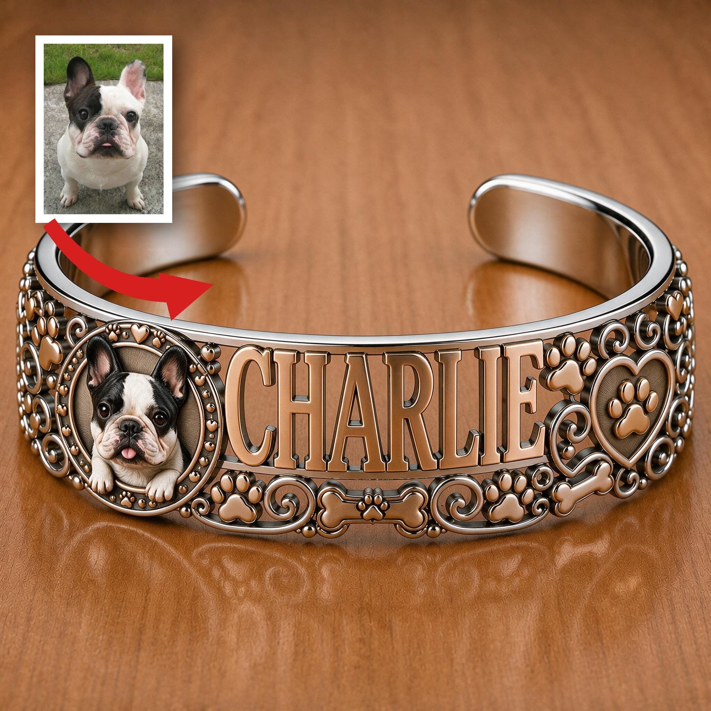 Personalized French Bulldog Cuff Bracelet Custom Name Jewelry Gift for Frenchie Dog Lovers