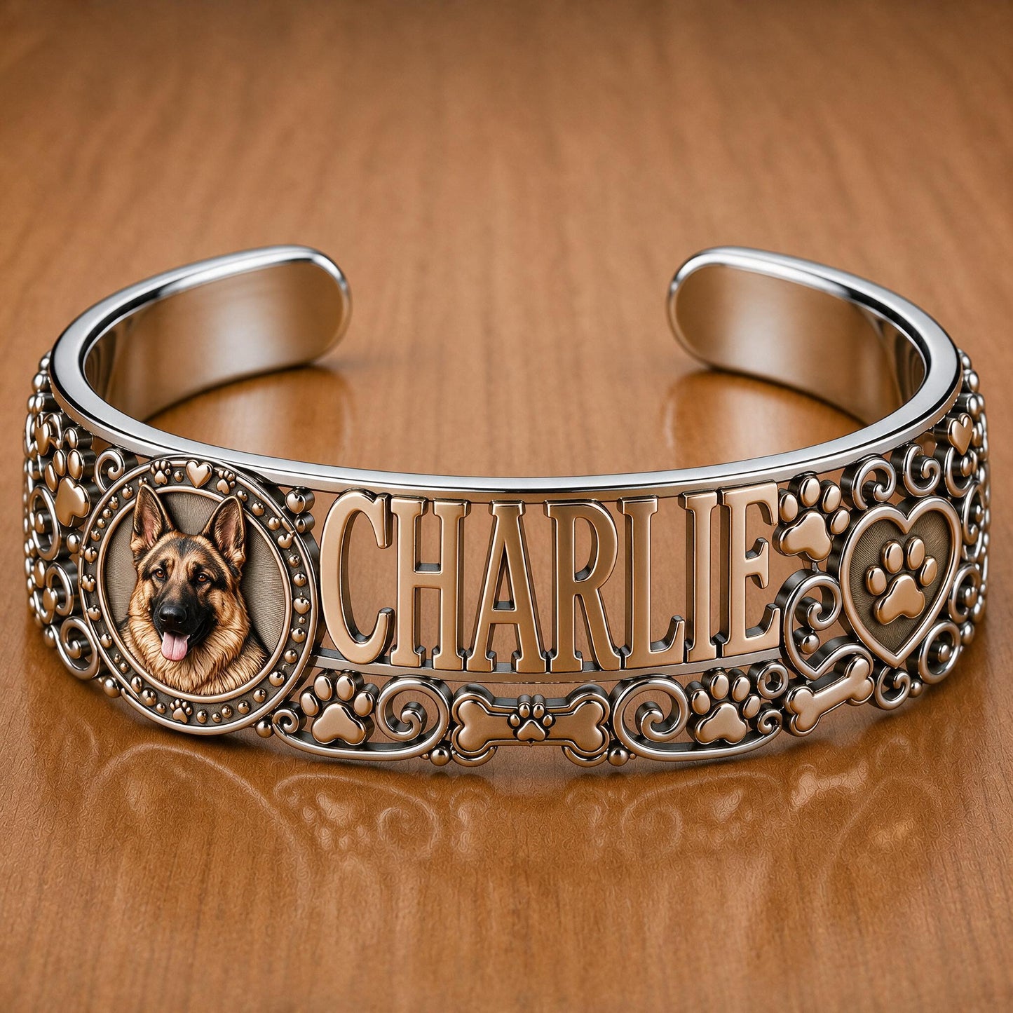 Personalized German Shepherd Custom Name Cuff Bracelet - I Love My Dog Pet Owner Jewelry Gift