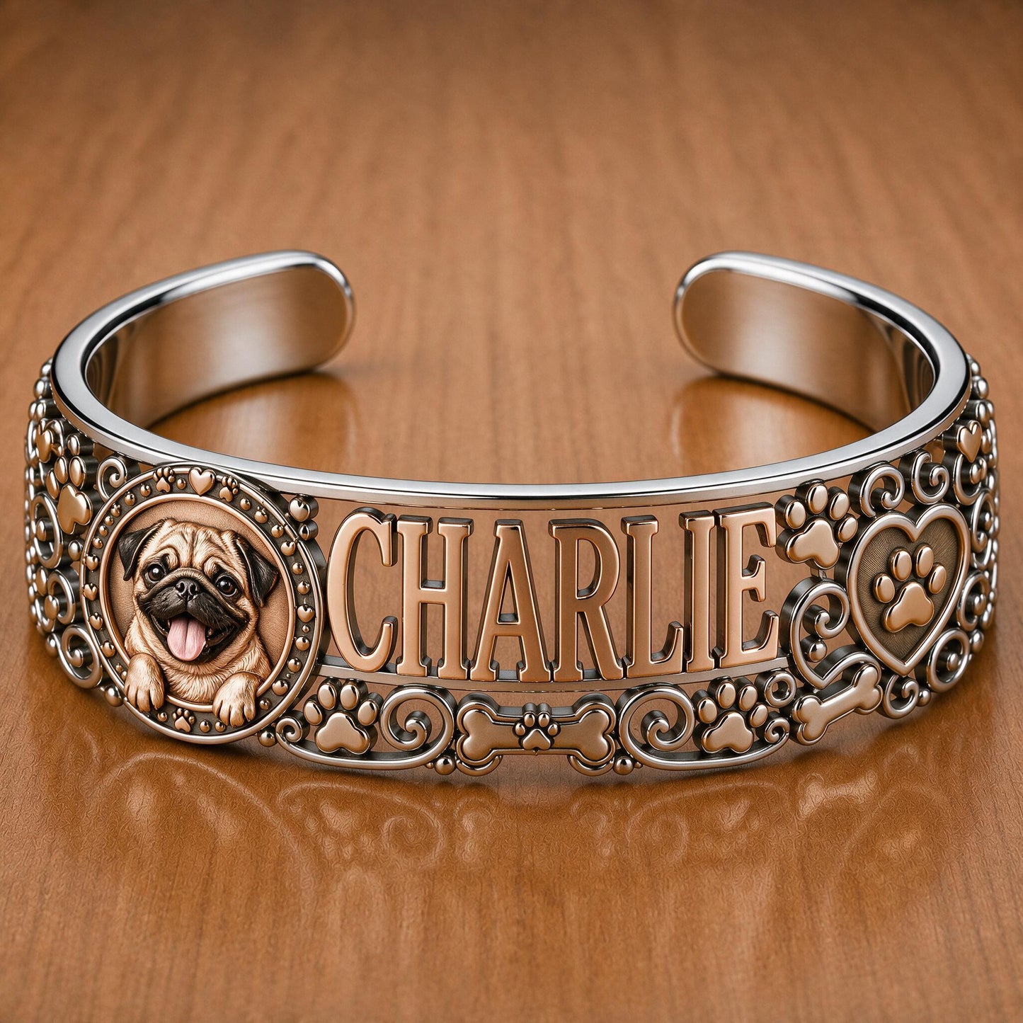 Bracelet en Cuir Personnalisé avec Pug Sourire - Cadeau pour Amoureux de Chiens