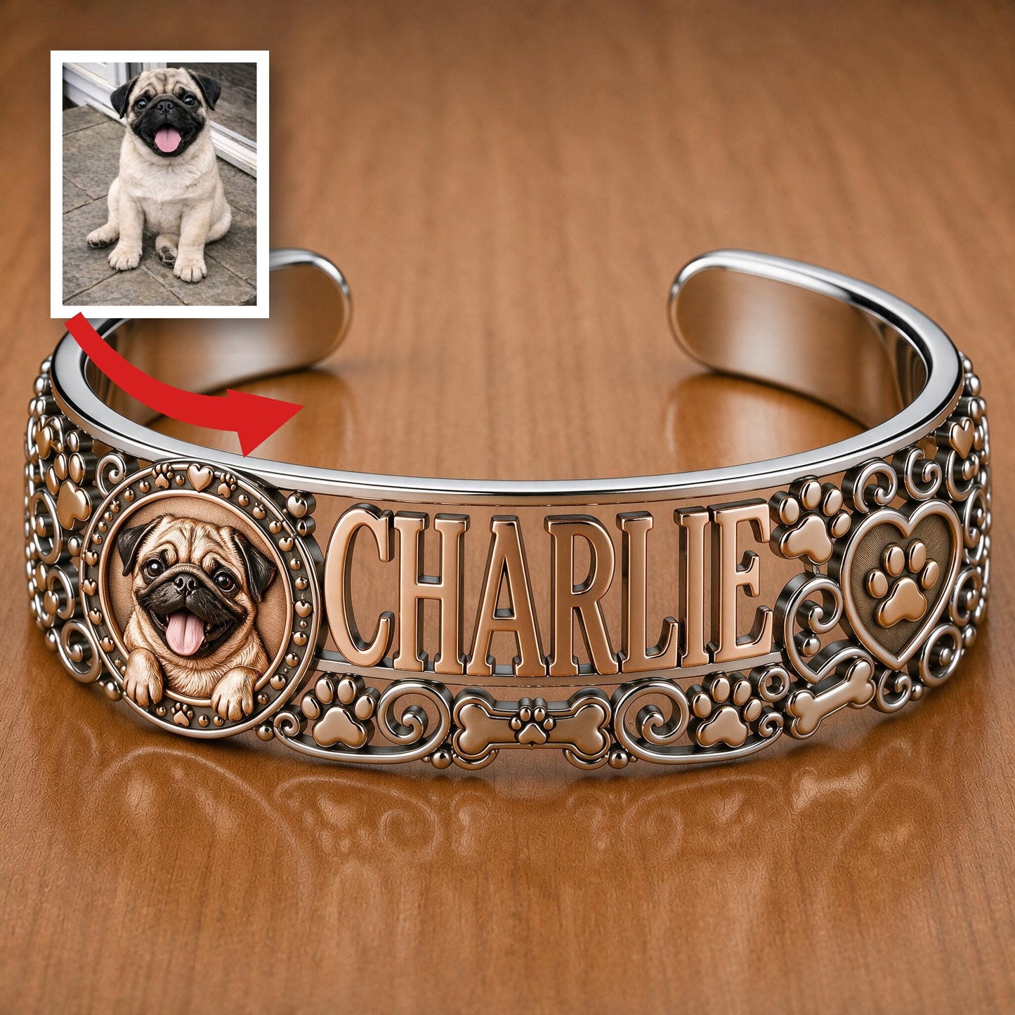 Bracelet en Cuir Personnalisé avec Pug Sourire - Cadeau pour Amoureux de Chiens