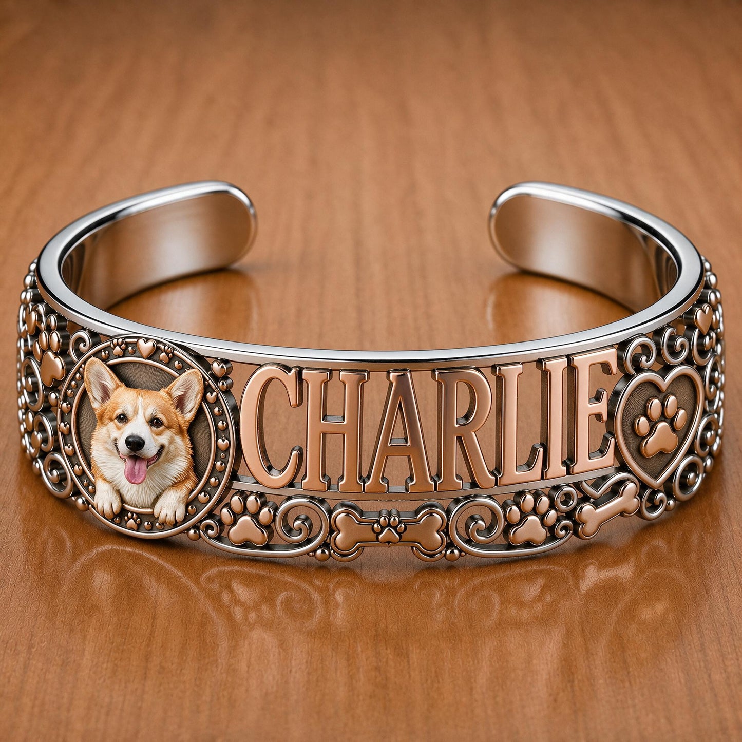 Personalized Welsh Corgi Cuff Bracelet - Custom Name Jewelry Gift for Corgi Lovers and Dog Owners