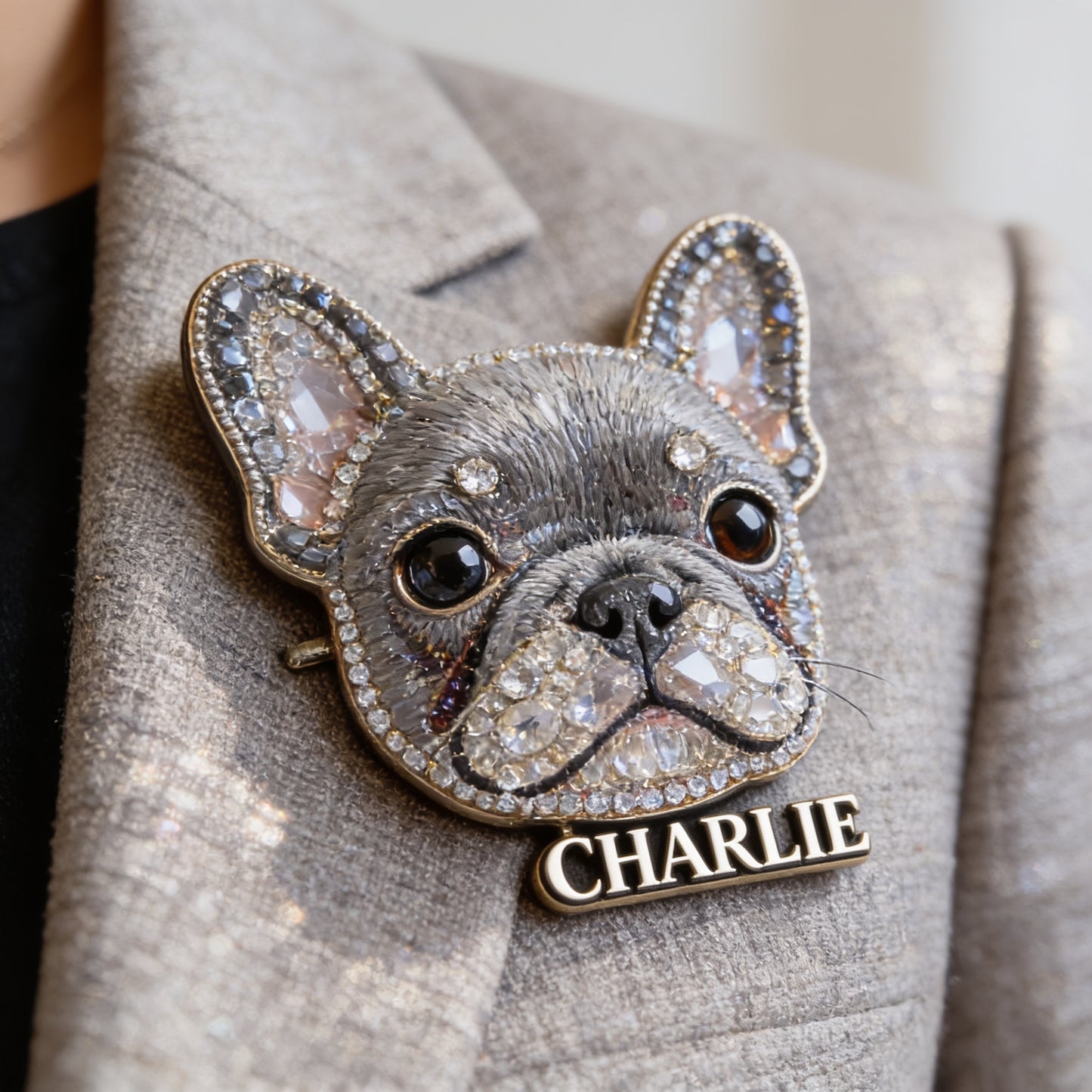 Custom Sparkly French Bulldog Pin, Personalized Name Gift For Frenchie Dog Lovers Pet Owner Accessory