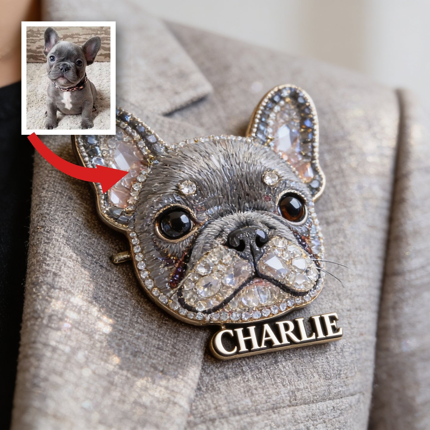 Custom Sparkly French Bulldog Pin, Personalized Name Gift For Frenchie Dog Lovers Pet Owner Accessory