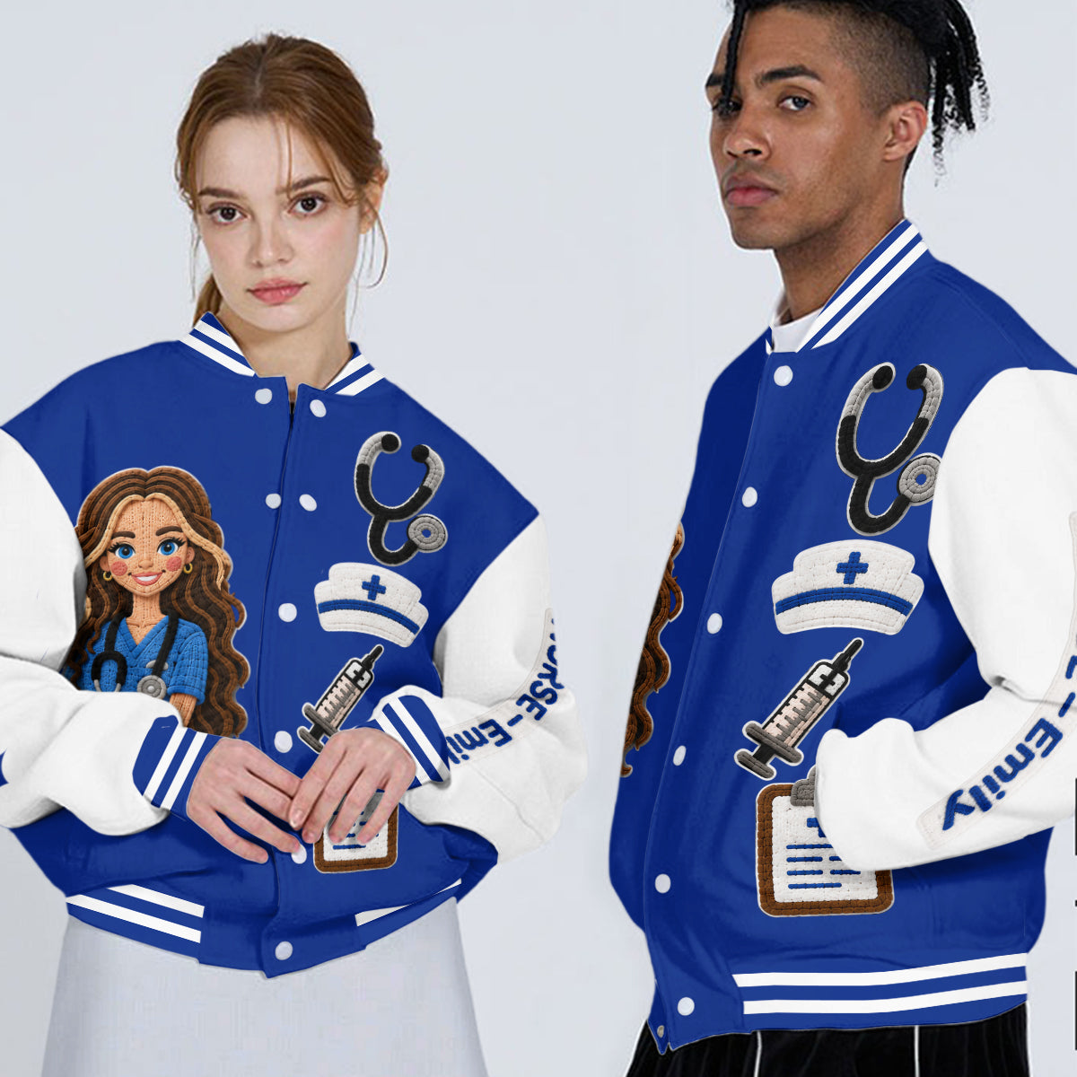 Personalisierte schwarze Varsity-Jacke für Pflegekräfte - Individuell besticktes Geschenk für RN-Gesundheitsdienstleister