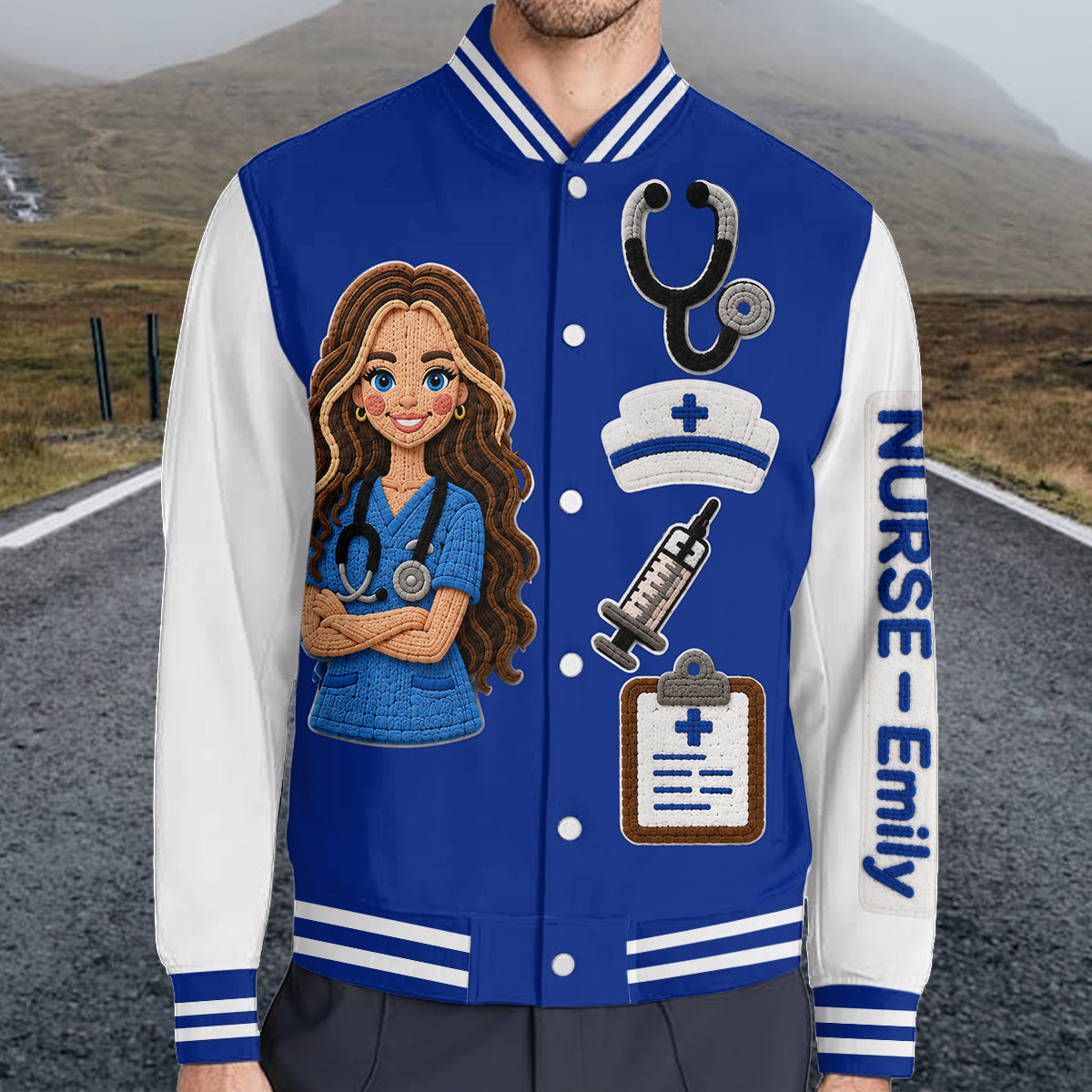 Personalisierte schwarze Varsity-Jacke für Pflegekräfte - Individuell besticktes Geschenk für RN-Gesundheitsdienstleister