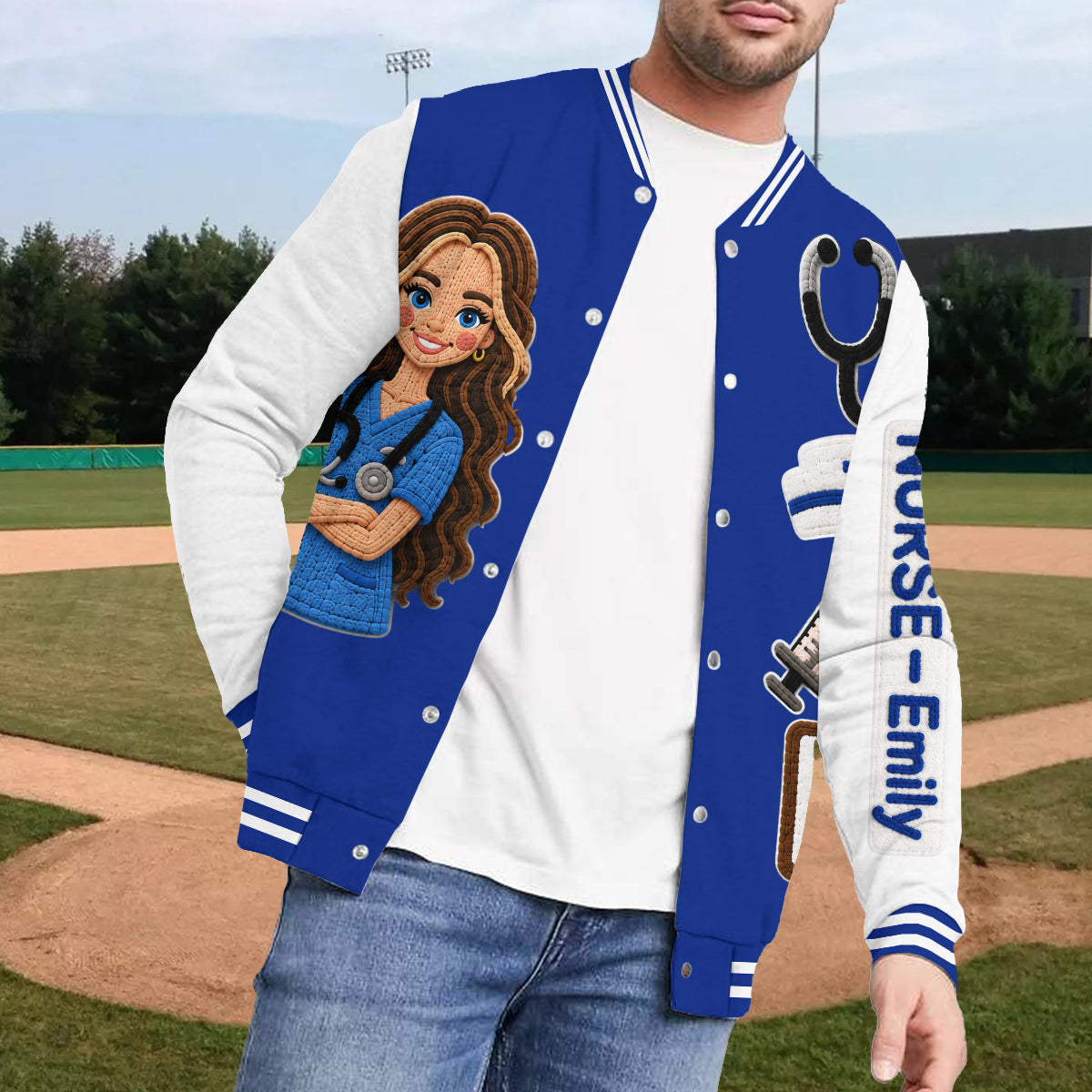 Personalisierte schwarze Varsity-Jacke für Pflegekräfte - Individuell besticktes Geschenk für RN-Gesundheitsdienstleister