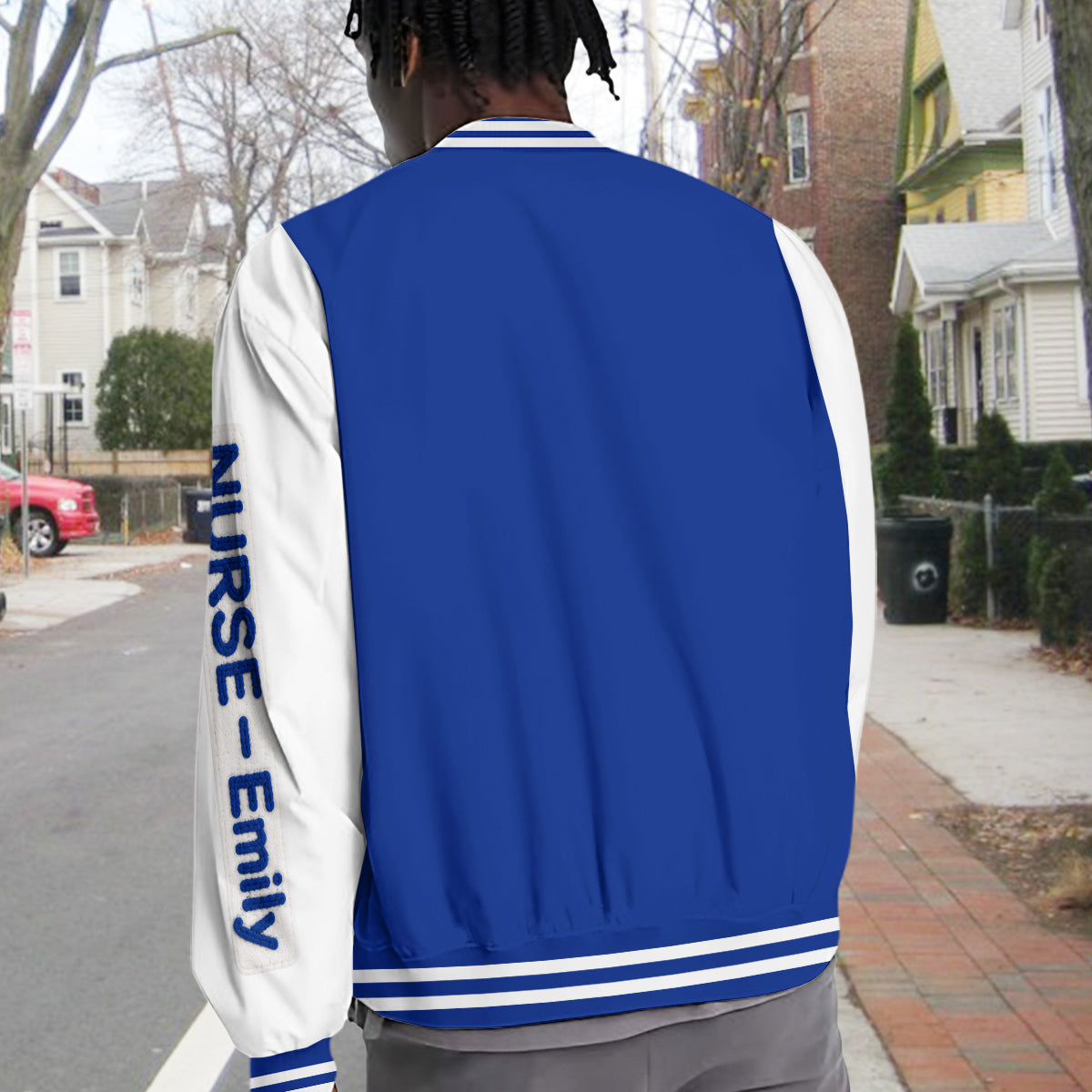 Personalisierte schwarze Varsity-Jacke für Pflegekräfte - Individuell besticktes Geschenk für RN-Gesundheitsdienstleister