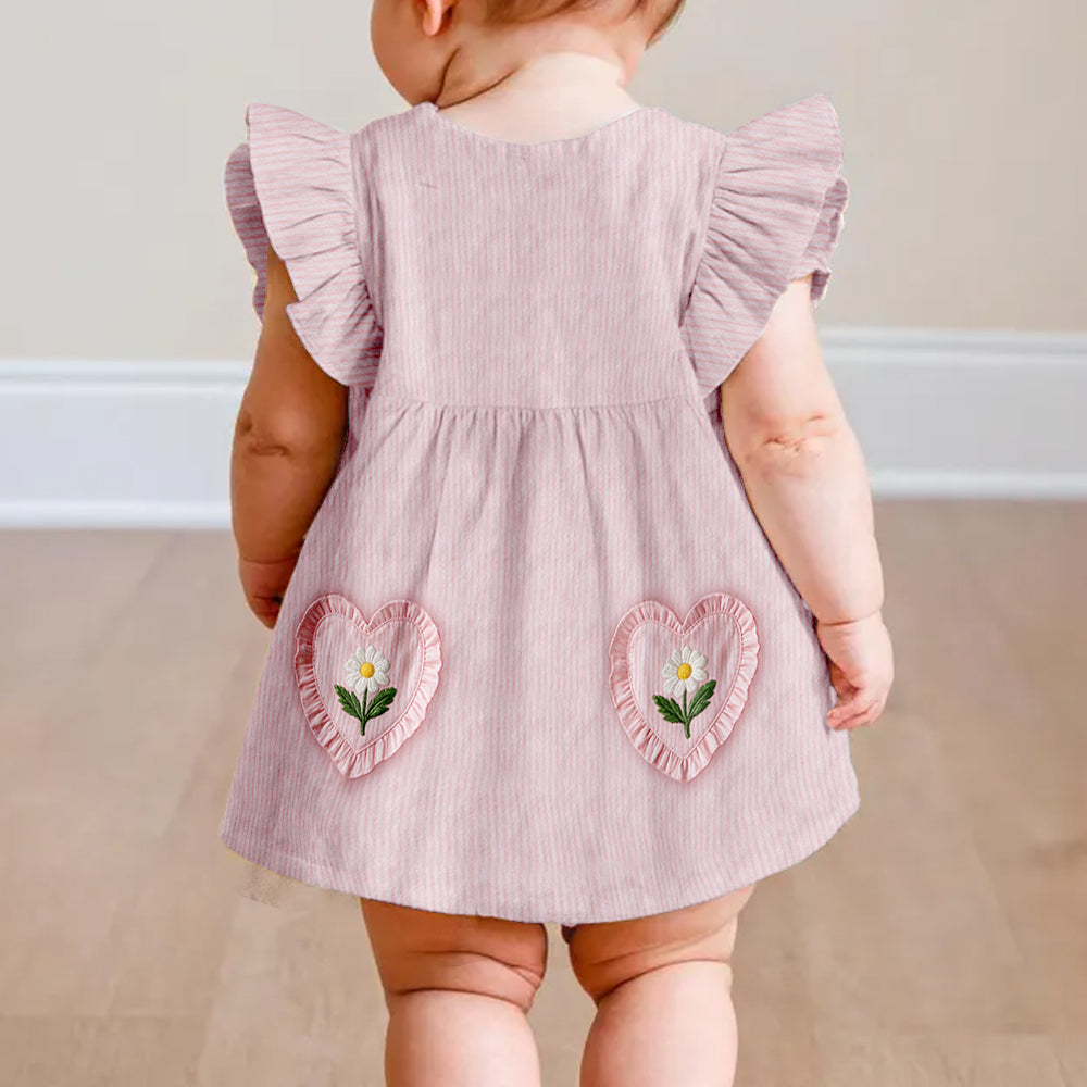 Personalized 2 Year Old Girl Pink Ruffle Sleeve Toddler Dress | Custom Embroidered Young Girl Peony Birthday Gift for Little Girls