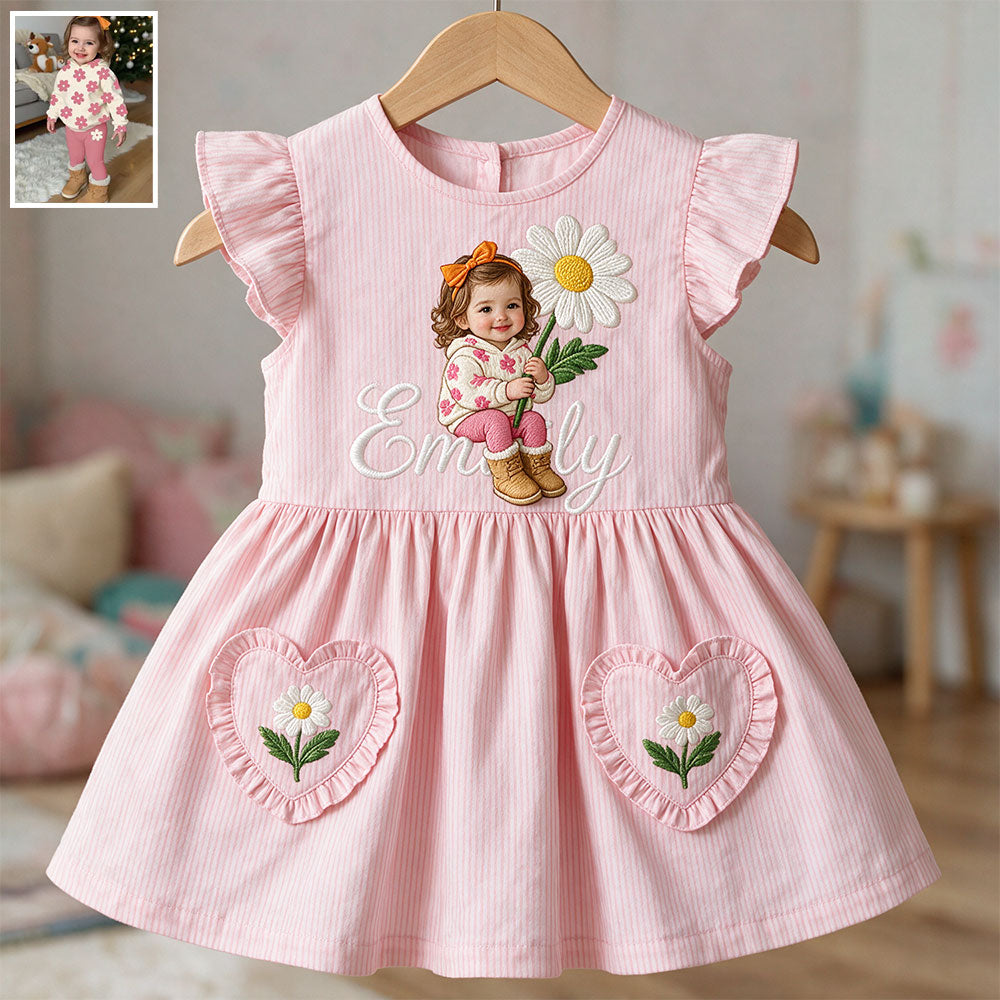 Personalized 3 Year Old Latina Girl Pink Ruffle Sleeve Kids Dress, Embroidered Little Girl Peony Custom Name Gift for Young Girls