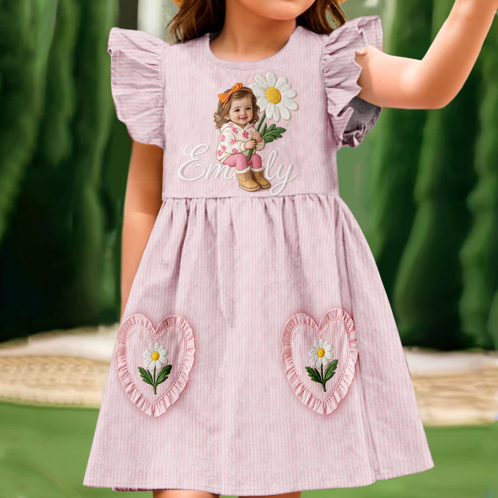 Personalized 3 Year Old Latina Girl Pink Ruffle Sleeve Kids Dress, Embroidered Little Girl Peony Custom Name Gift for Young Girls