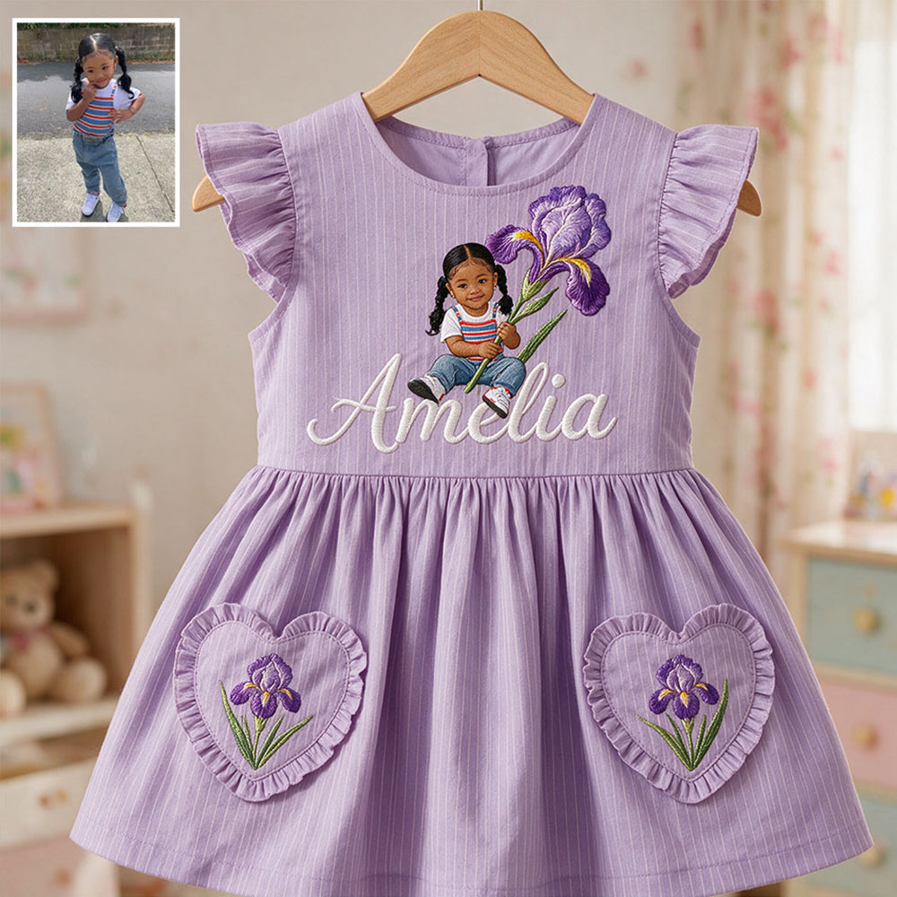 Personalized 4 Year Old Girl Pink Ruffle Sleeve Kids Dress, Cute Embroidered Little Girl Peony Design, Custom Birthday Gift for Girls