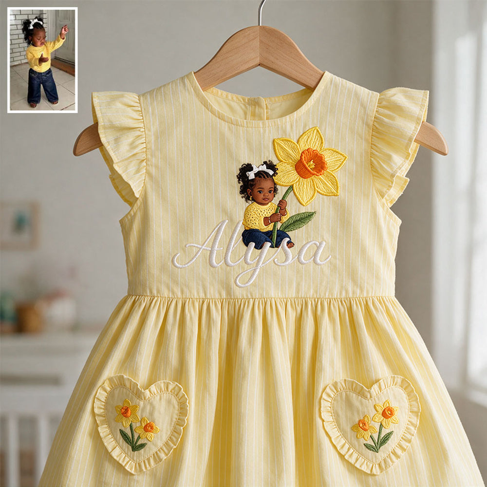 Personalized 4 Year Old Latina Girl Pink Ruffle Sleeve Toddler Girl Dress, Custom Embroidered Young Girl Peony Design, Thoughtful Kids Birthday Gift