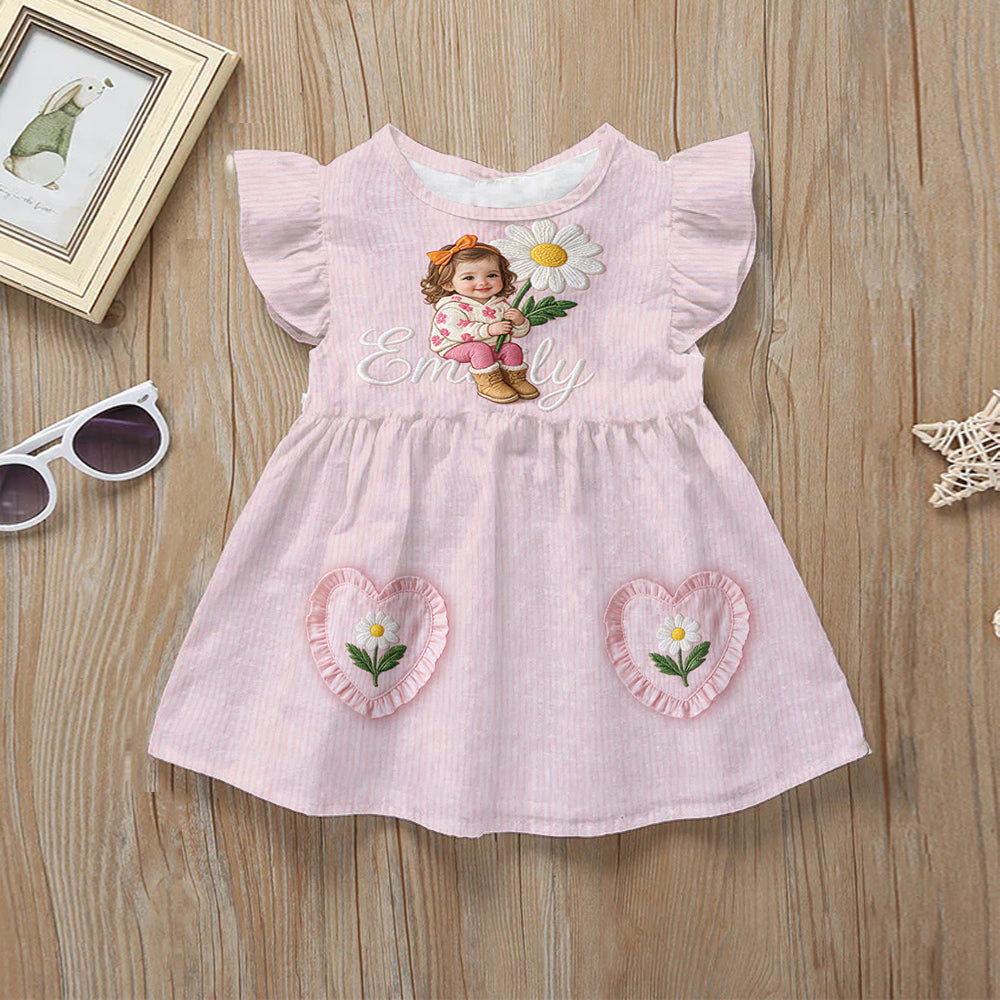 Personalized 4 Year Old Girl Pink Ruffle Sleeve Kids Dress, Cute Embroidered Little Girl Peony Design, Custom Birthday Gift for Girls