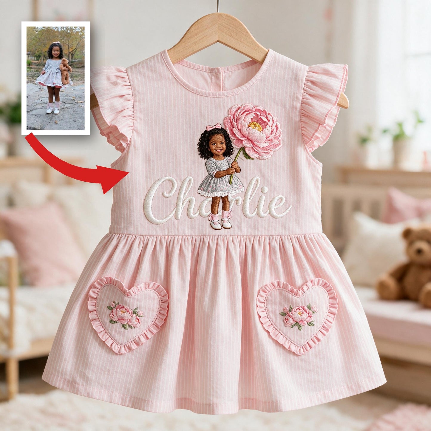 Personalized 4 Year Old Black Girl Pink Ruffle Sleeve Toddler Girl Dress, Custom Embroidered Little Girl Peony Design Keepsake Gift For Kids