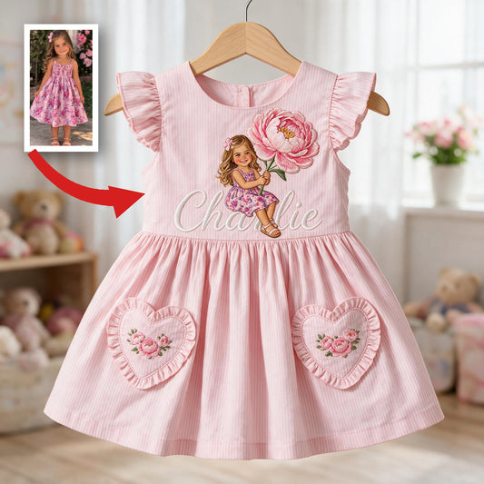 Personalisierte 4-jährige Mädchen Pink Rüschensleeve Kinderkleid, Süßes besticktes Pfingstrosen-Design, Individuelles Geburtstagsgeschenk für Mädchen