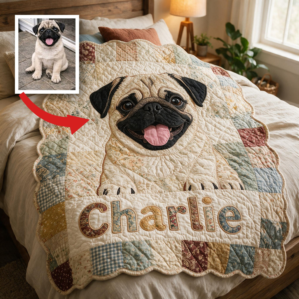 Happy Smiling Fawn Pug Shaped Personalized Patchwork Fleece Blanket - Cozy Gift For Pug Lovers & Dog Owners