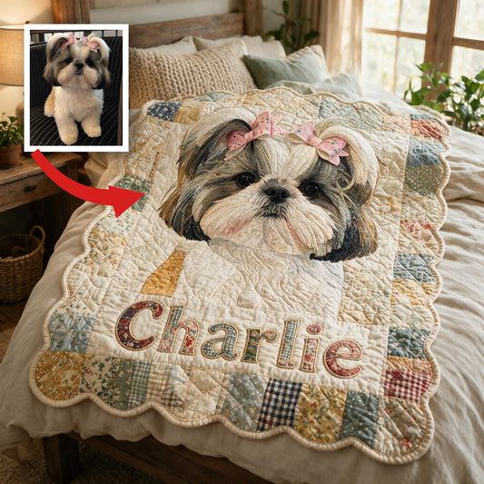 Couverture en Fleece Personnalisée Patchwork Shih Tzu à Poils Longs, Cadeau Confortable pour Amoureux des Chiens