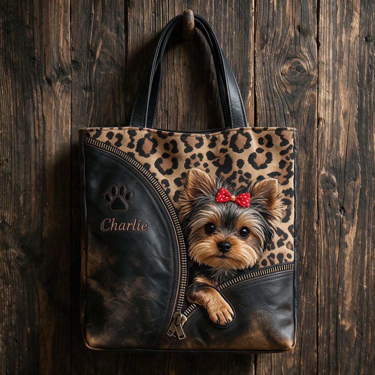 Personalized Peeking Yorkshire Terrier Tote Bag Custom Dog Lover Gift Leopard Print Pet Shoulder Carryall