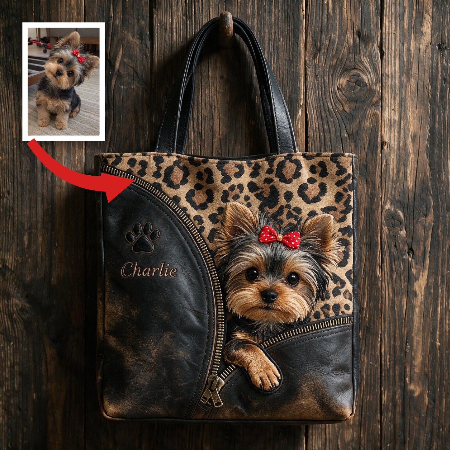 Personalized Peeking Yorkshire Terrier Tote Bag Custom Dog Lover Gift Leopard Print Pet Shoulder Carryall