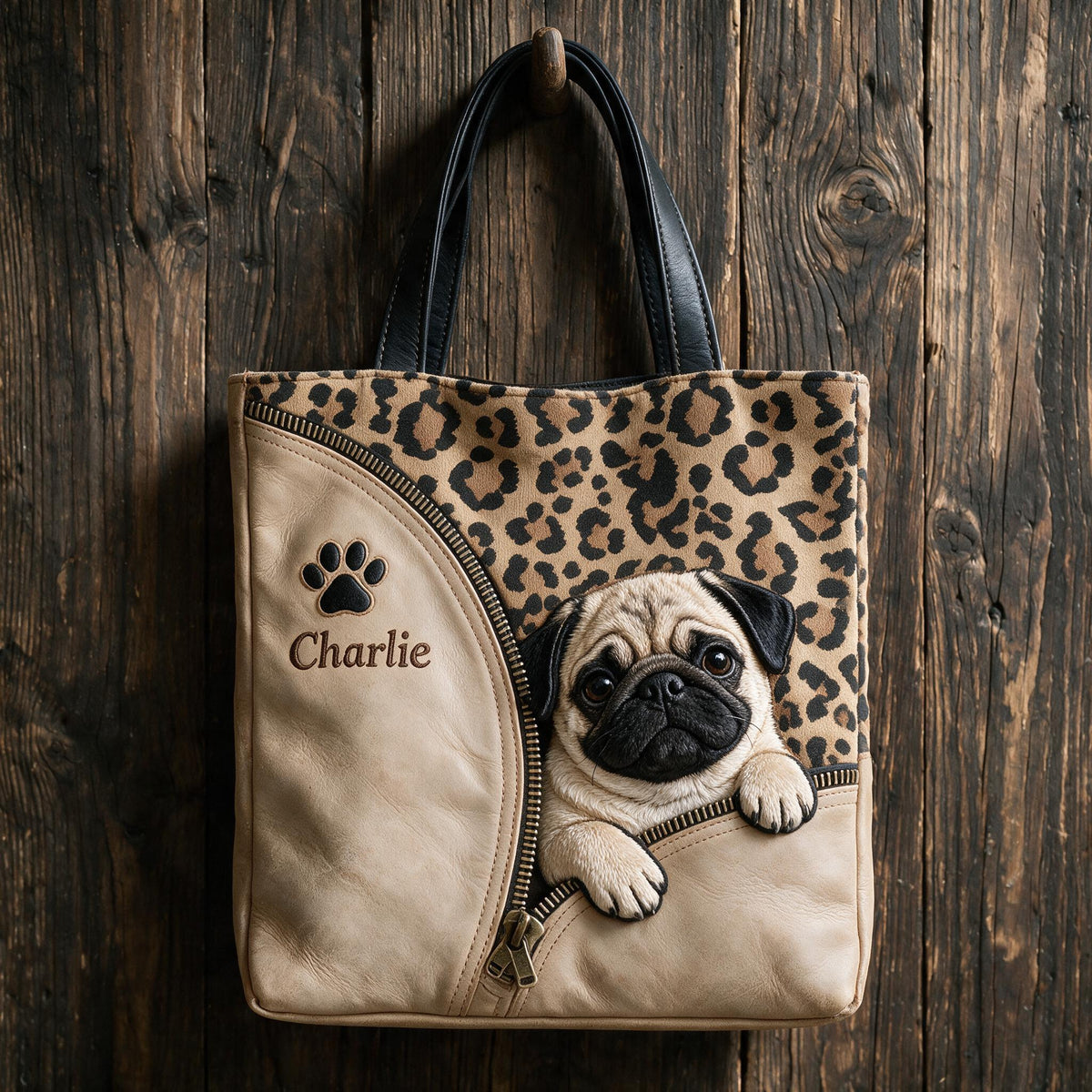 Personalized Peeking Fawn Pug Tote Bag Custom Leopard Print Gift for Pug Lovers Daily Travel Shopping Carryall