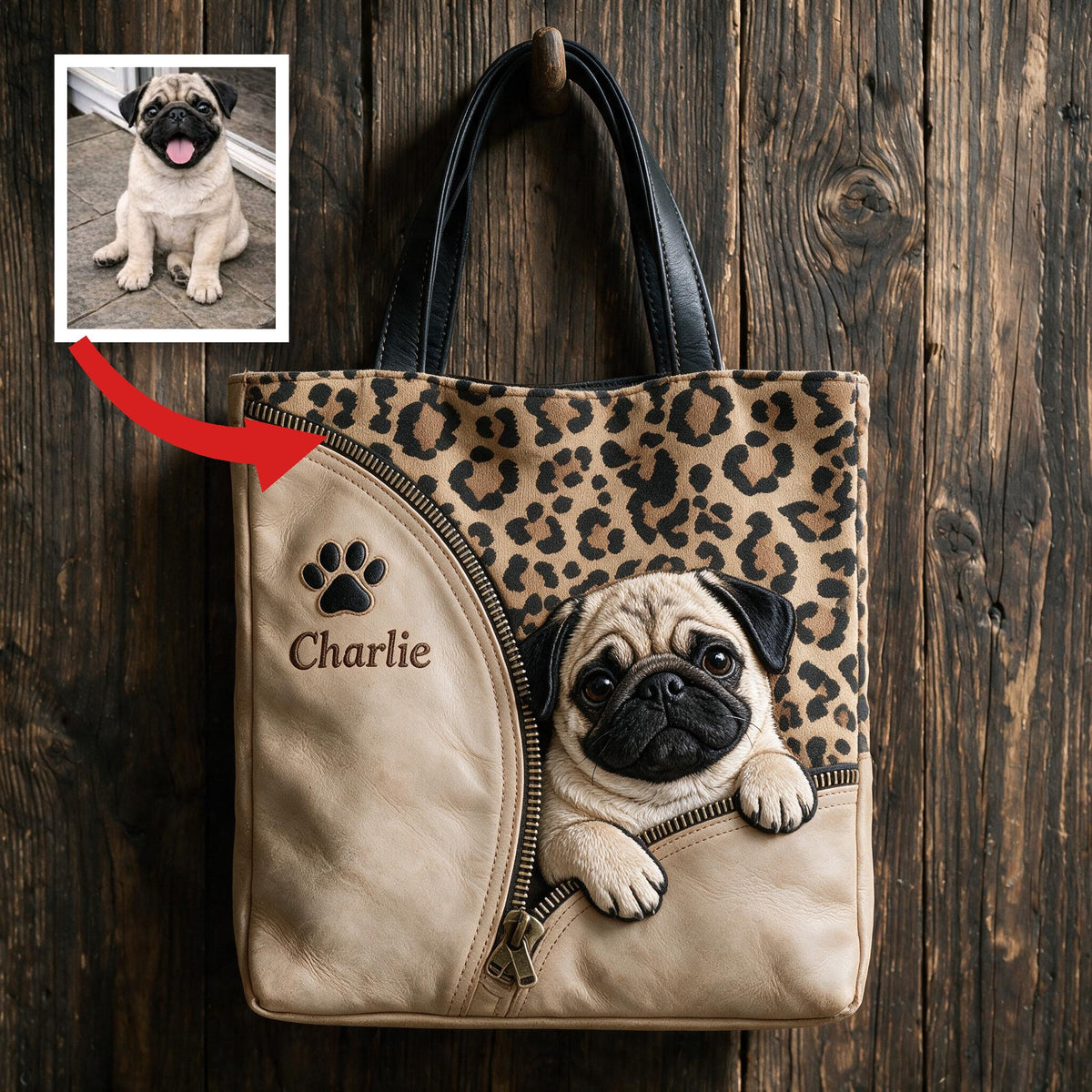 Personalized Peeking Fawn Pug Tote Bag Custom Leopard Print Gift for Pug Lovers Daily Travel Shopping Carryall