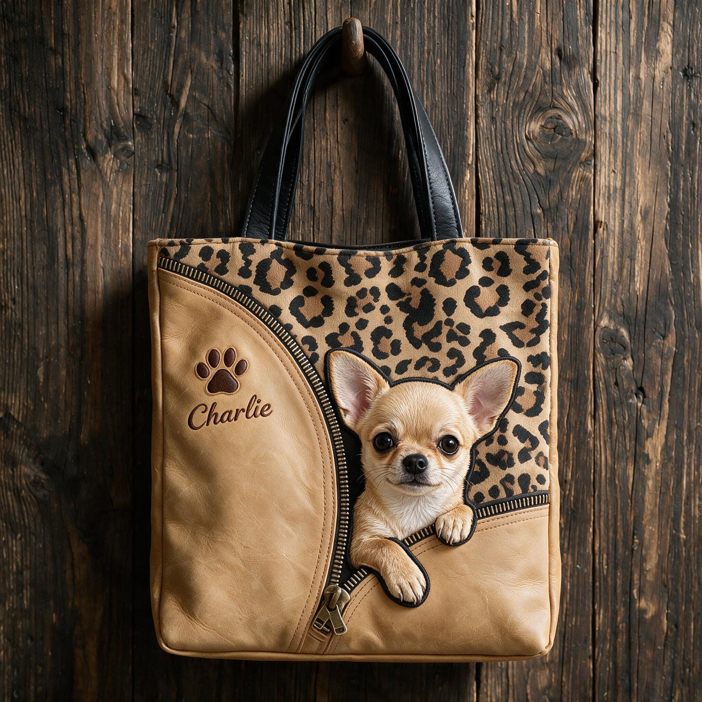 Personalized Peeking Tan Chihuahua Tote Bag, Custom Leopard Print Carryall Gift For Chihuahua Owners & Dog Moms