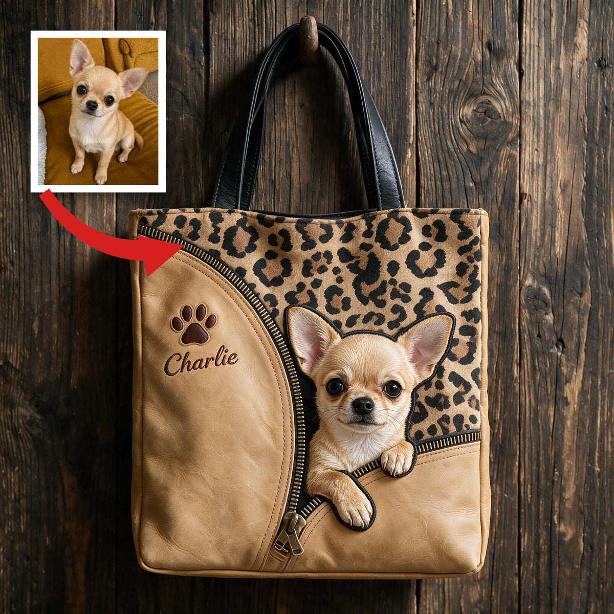 Personalized Peeking Tan Chihuahua Tote Bag, Custom Leopard Print Carryall Gift For Chihuahua Owners & Dog Moms