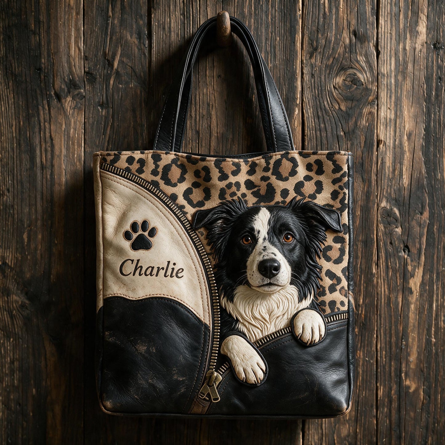 Personalized Peeking Border Collie Tote Bag, Custom Dog Owner Gift Durable Everyday Pet Shoulder Bag
