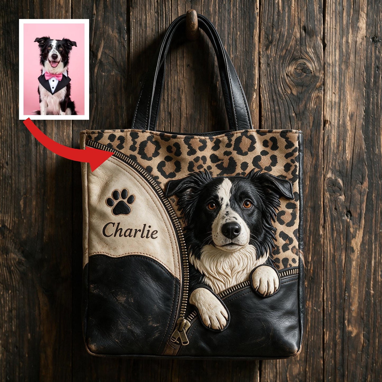 Personalized Peeking Border Collie Tote Bag, Custom Dog Owner Gift Durable Everyday Pet Shoulder Bag