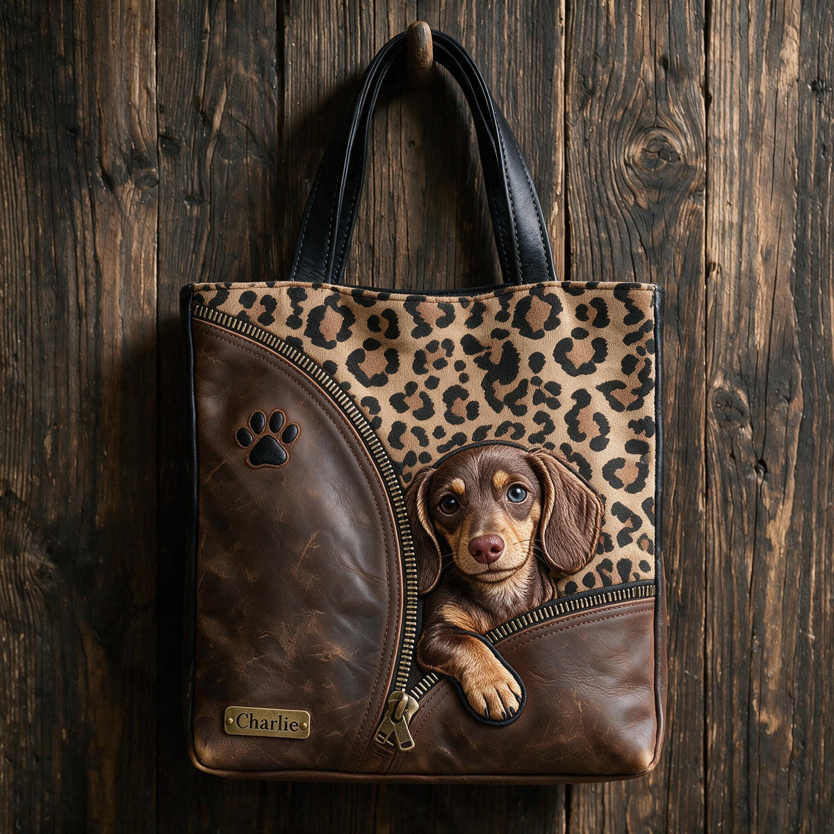Personalized Peeking Dachshund Tote Bag, Custom Dog Lover Gift Stylish Leopard Print Pet Carryall for Everyday Use