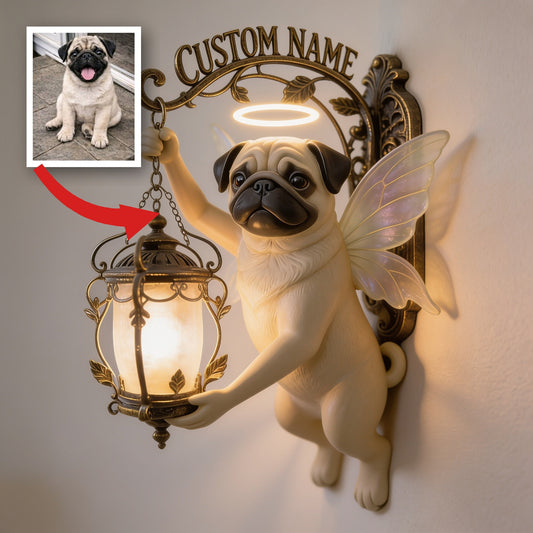 Panneau mural en bois personnalisé avec un ange pug féerique - Cadeau déco pour propriétaires de pug et amoureux des animaux