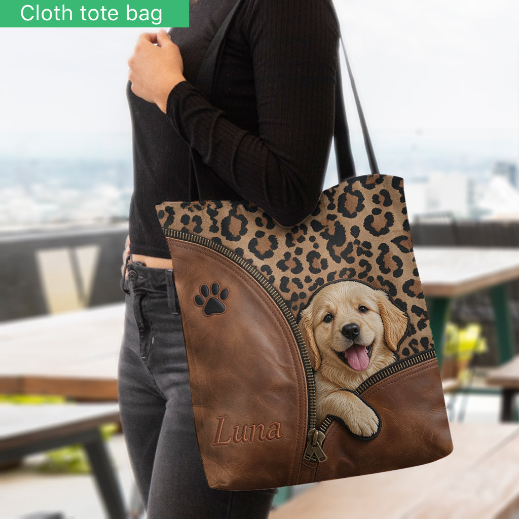 Personalized Peeking Yorkshire Terrier Tote Bag Custom Dog Lover Gift Leopard Print Pet Shoulder Carryall