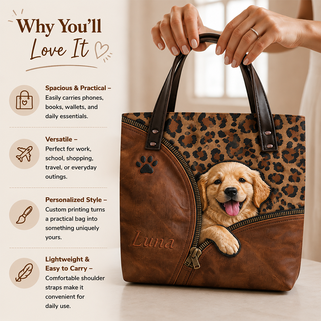 Personalized Peeking Yorkshire Terrier Tote Bag Custom Dog Lover Gift Leopard Print Pet Shoulder Carryall