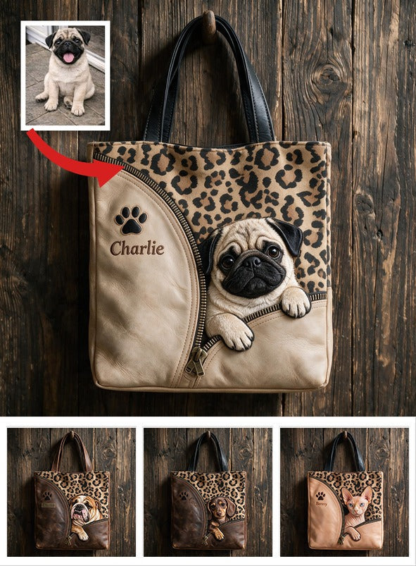 Personalized Peeking Fawn Pug Tote Bag Custom Leopard Print Gift for Pug Lovers Daily Travel Shopping Carryall