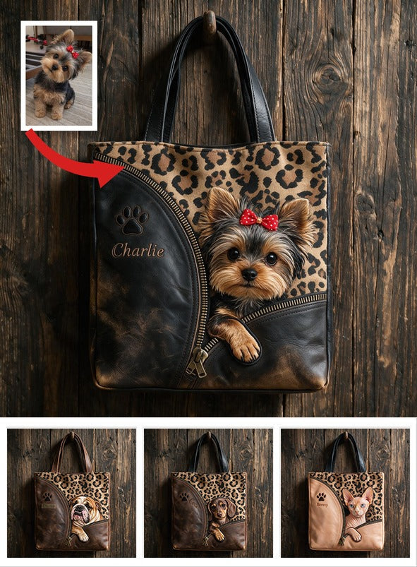 Personalized Peeking Yorkshire Terrier Tote Bag Custom Dog Lover Gift Leopard Print Pet Shoulder Carryall
