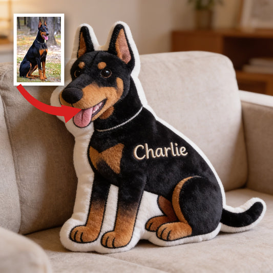 Coussin en fausse fourrure en forme de Doberman personnalisé - Cadeau pour amoureux des chiens