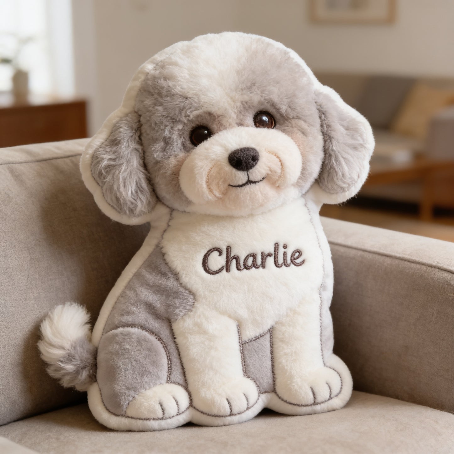 Personalized Fluffy Grey White Poodle Faux Fur Shaped Pillow | Custom Dog Lover Home Decor Gift